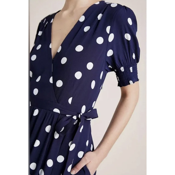 Anthropologie Maeve Polka Dot Wrap Dress Midi High-Low Puff Sleeve Navy Blue 8 - Picture 10 of 10